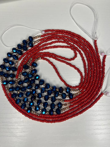 Red Waist Beads with Copper and Blue Crystals