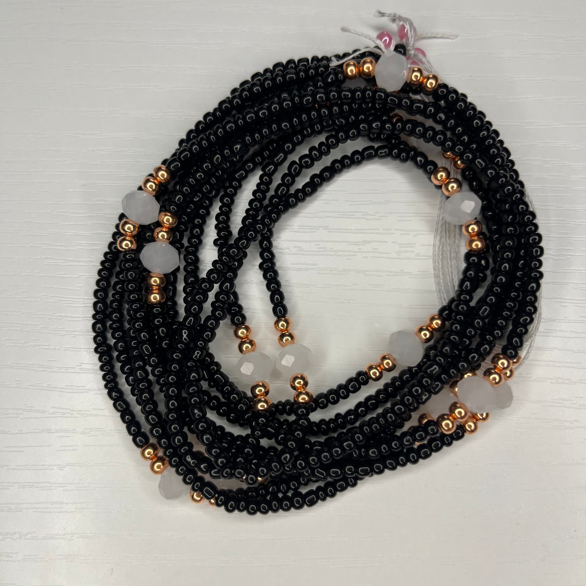 Black waistbeads with copper and frost white crystals 