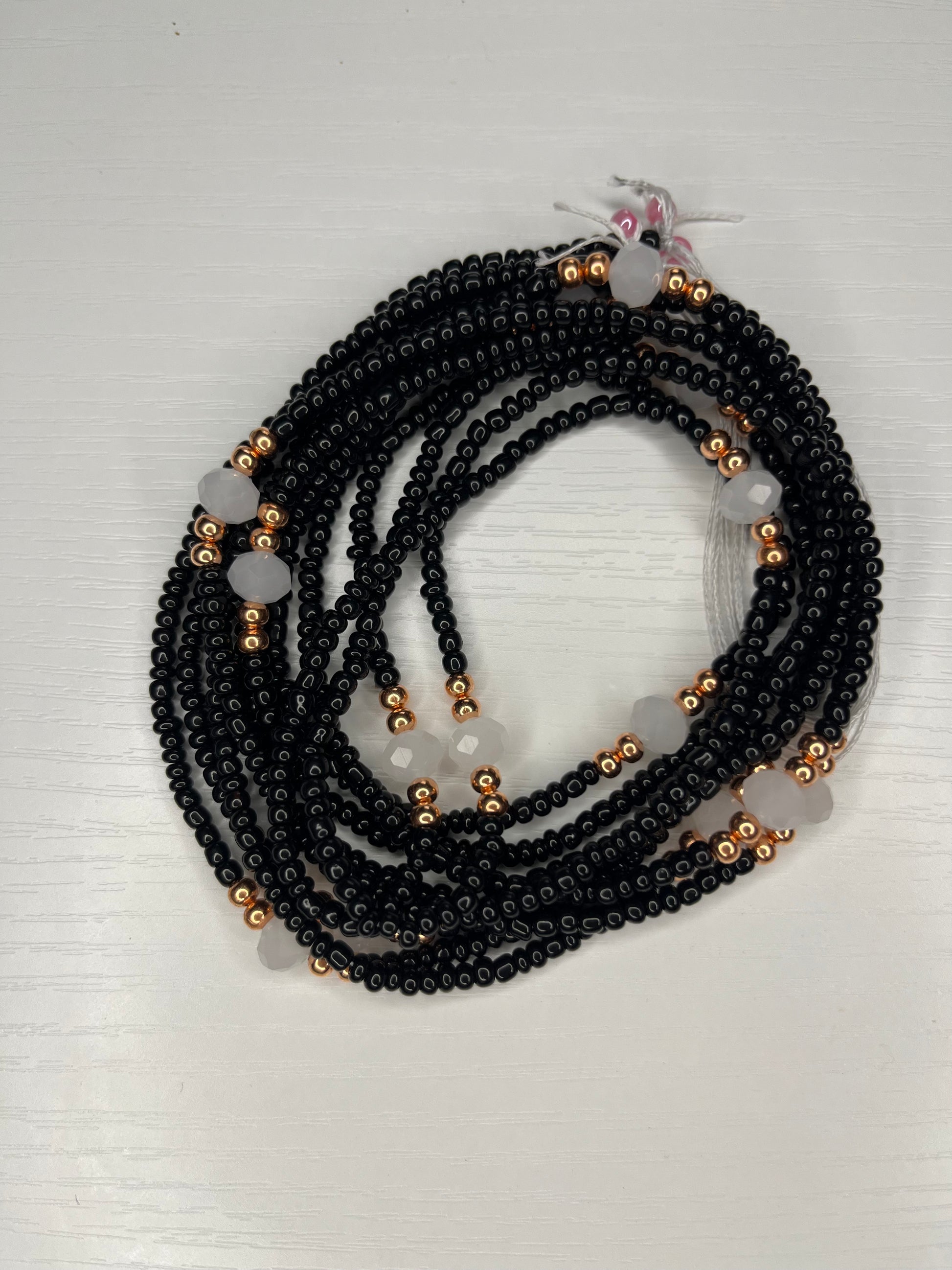 Black waistbeads with copper and frost white crystals 