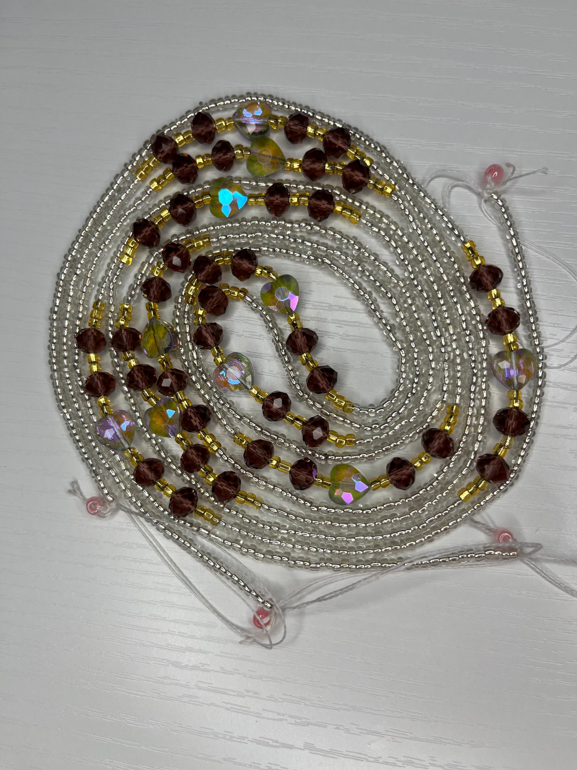 Clear waistbeads with brown crystals and hearts