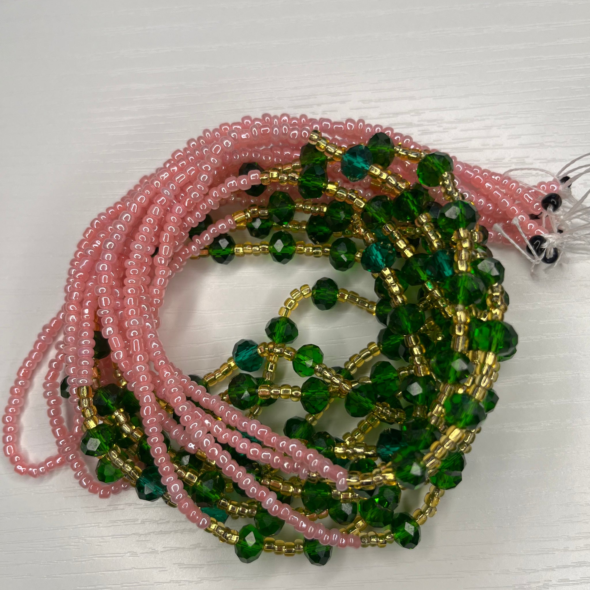 Pink Waistbeads with green crystals with gold