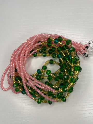 Pink Waistbeads with green crystals with gold