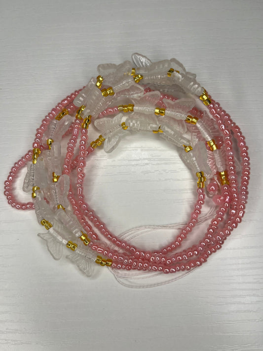 Pink waistbeads with gold and glow in the dark butterflies