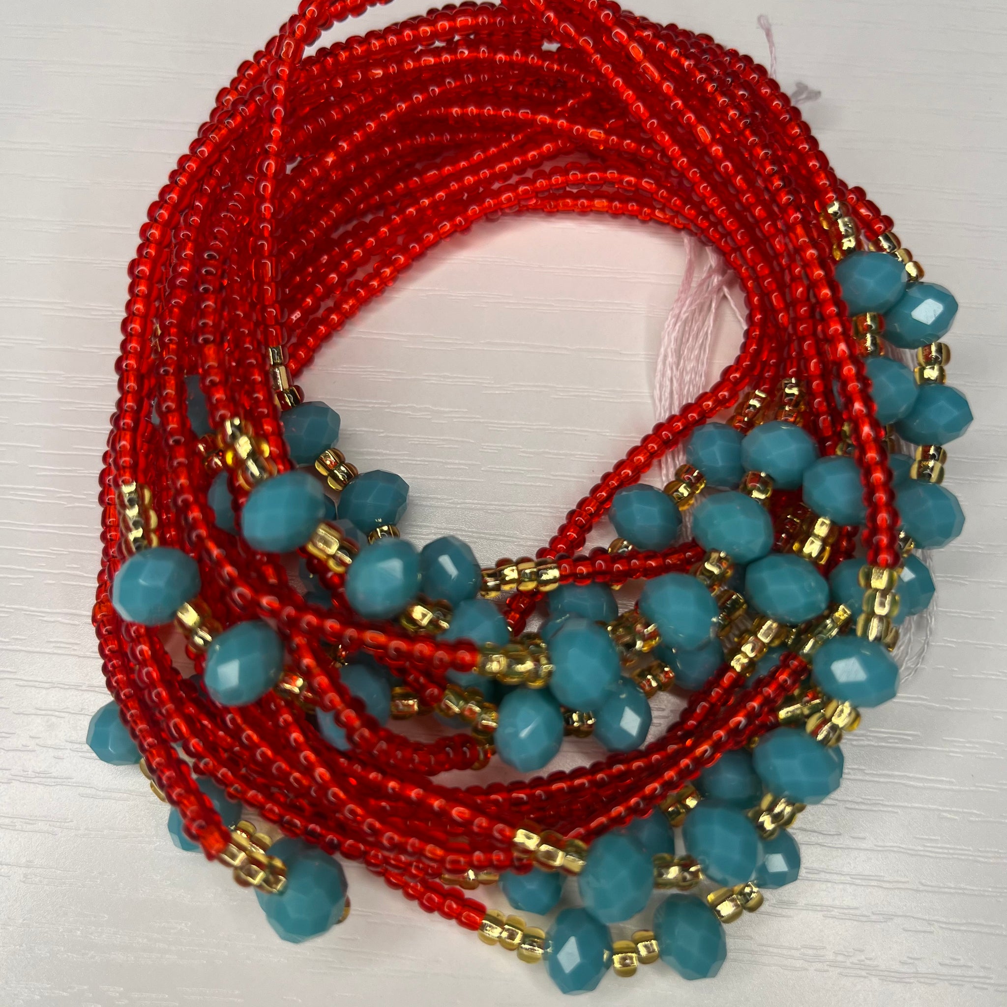 Red gold blue crystal waistbeads 