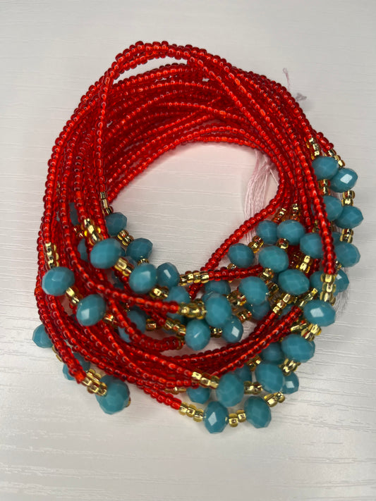 Red gold blue crystal waistbeads 