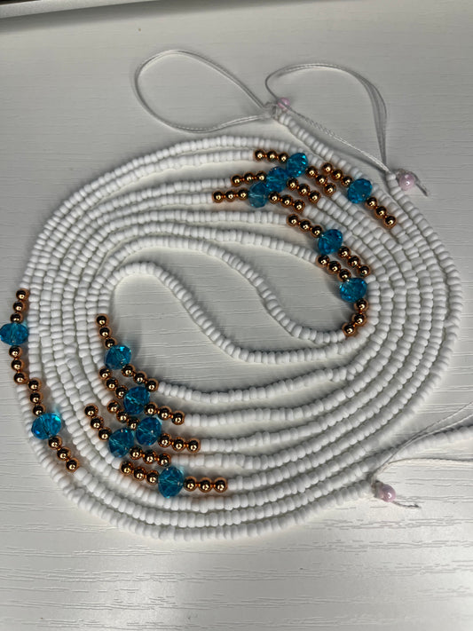 White waistbeads with copper and blue crystals